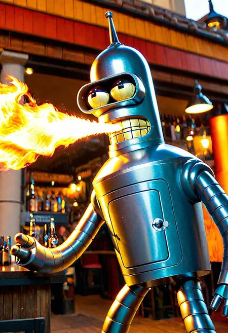 A benderbot made of shiny reflective metal breathing fire from his mouth as he is burping, a beer in his hand, at a well lit pub