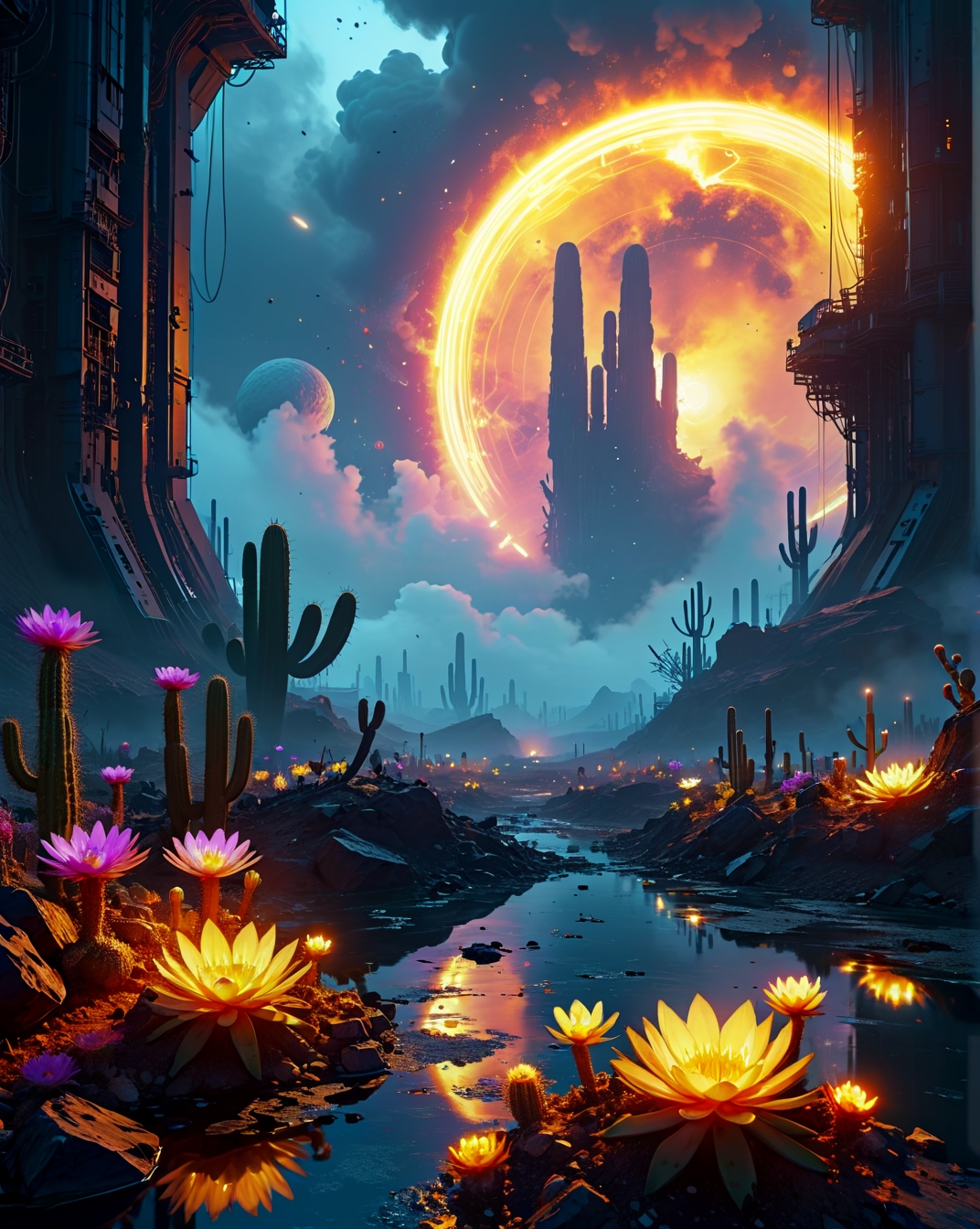 WLOP: (digital painting mastery), (mystical atmosphere), (flowing fabrics), (celestial themes),Singularity rave dusk with black hole bass, Dry season cactus blooms in robot graveyards Necromantic power plant with soul turbine reactors under Quantum fog entangling temporal layers conditions, illuminated by Entropy reversal halos around anti-aging labs, featuring Singularity compost heap recycling failed big bangs beneath Fallstreak holes resembling stargate activation sequences ,
<lora:extremely_detailed:0.2> extremely detailed,
<lora:Flux-XL_Scenery:0.65> flux-scenery, 
<lora:add-detail-xl:0.5>,
 <lora:DetailMaximizer:0.65>, 
<lora:MidjourneyV6.1:0.2> midjourneyv6.1,
 <lora:Dream Scenery XL:0.05> Dream Scenery,
 detailxl