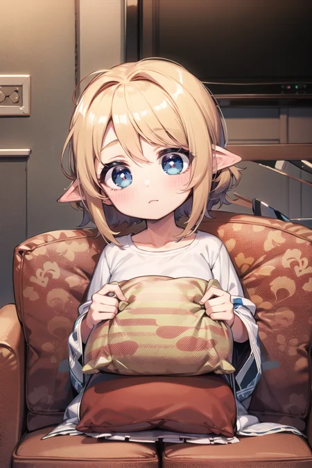 high quality,  ([[3d], (realistic)::0.79]:0.009),  ([anime style:2d:0.49]:0.009),
(early teen),(big eyes:1.2), cowboy shot, (cushion), living room,  BREAK