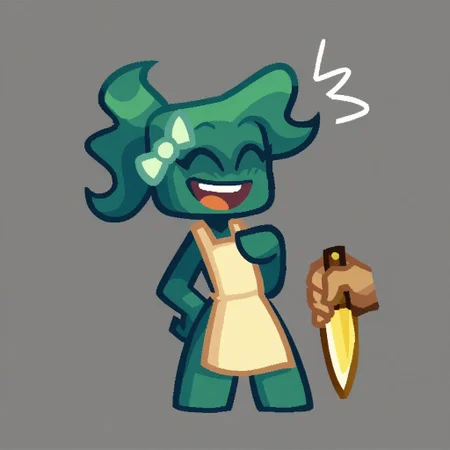 Score_9, score_8, score_7, score_6, source_cartoon, KintGurl, 1girl, solo, female focus, 2D, digital art, flat colors, clean lines, cartoonish, cartoon, Gradient shading, bold outlines, humanoid, square head, armless, disembodied hands, floating hands, Dark teal skinned female, Teal skin, colored skin, Black sclera, yellow eyes, circular eyes, no nose, no eyebrows, Ponytail, neckless, floating head, Tied hair, long hair, wavy hair, dark teal hair, teal hair, bow, bow on hair, light green bow, yellowish white apron, apron, full body, standing, Holding knife, holding weapon, holding, yellow knife, golden knife, smile, smiling, teeth, happy expression, happy, closed eyes, ^^, ^ ^, hand on chest, open mouth, angled view, gray background