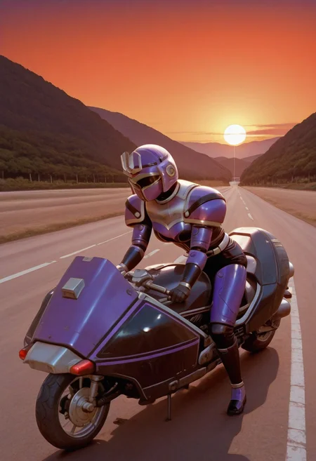 anime screencap, anime coloring,
solo, 1girl, medium breasts, (covered neck), BREAK
Tent0u, gloves, bodysuit, helmet, armor, shoulder pad, boots, belt, Tent0 motorbike, riding, from side, black visor,
outdoors, road, sunset, dramatic lighting
<lora:DetailedPerfect_hands_r1:1> <lora:coveredneck_v1-000006:0.8>