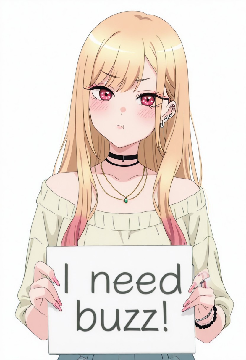 masterpiece, 1girl, looking at viewer, pout, need_buzz, holding sign, Marin Kitagawa, 1girl, blonde hair, long hair, multicolored hair, red eyes | pink nails, nail polish, fingernails, jewelry, earrings, ear piercing, necklace, choker, barbell piercing, bracelet, white background,