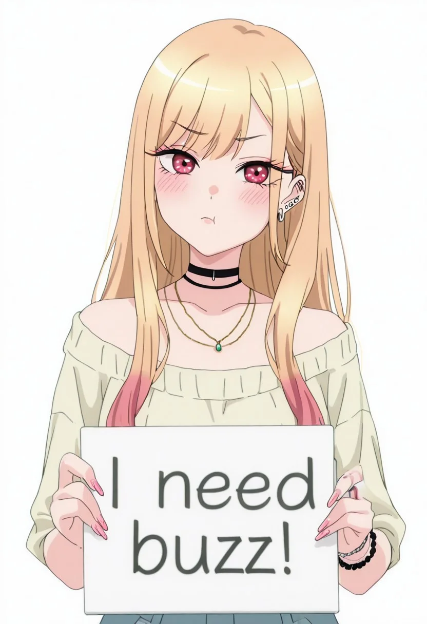masterpiece, 1girl, looking at viewer, pout, need_buzz, holding sign, Marin Kitagawa, 1girl, blonde hair, long hair, multicolored hair, red eyes | pink nails, nail polish, fingernails, jewelry, earrings, ear piercing, necklace, choker, barbell piercing, bracelet, white background,