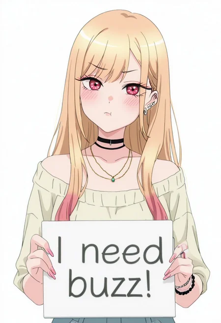 masterpiece, 1girl, looking at viewer, pout, need_buzz, holding sign, Marin Kitagawa, 1girl, blonde hair, long hair, multicolored hair, red eyes | pink nails, nail polish, fingernails, jewelry, earrings, ear piercing, necklace, choker, barbell piercing, bracelet, white background,