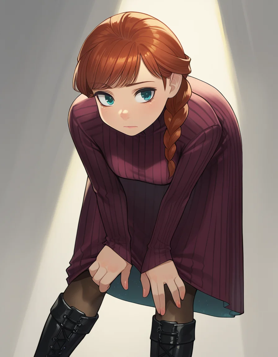 zPDXL, score_9, score_8_up, score_7_up, source_anime, 1girl, solo, (portrait),
<lora:Yomu_v1:1> y0mu, Anna \(frozen\), red hair, expressionless, bent over, velvet-dress, over-the-knee-boots, pinstripe-pantyhose,