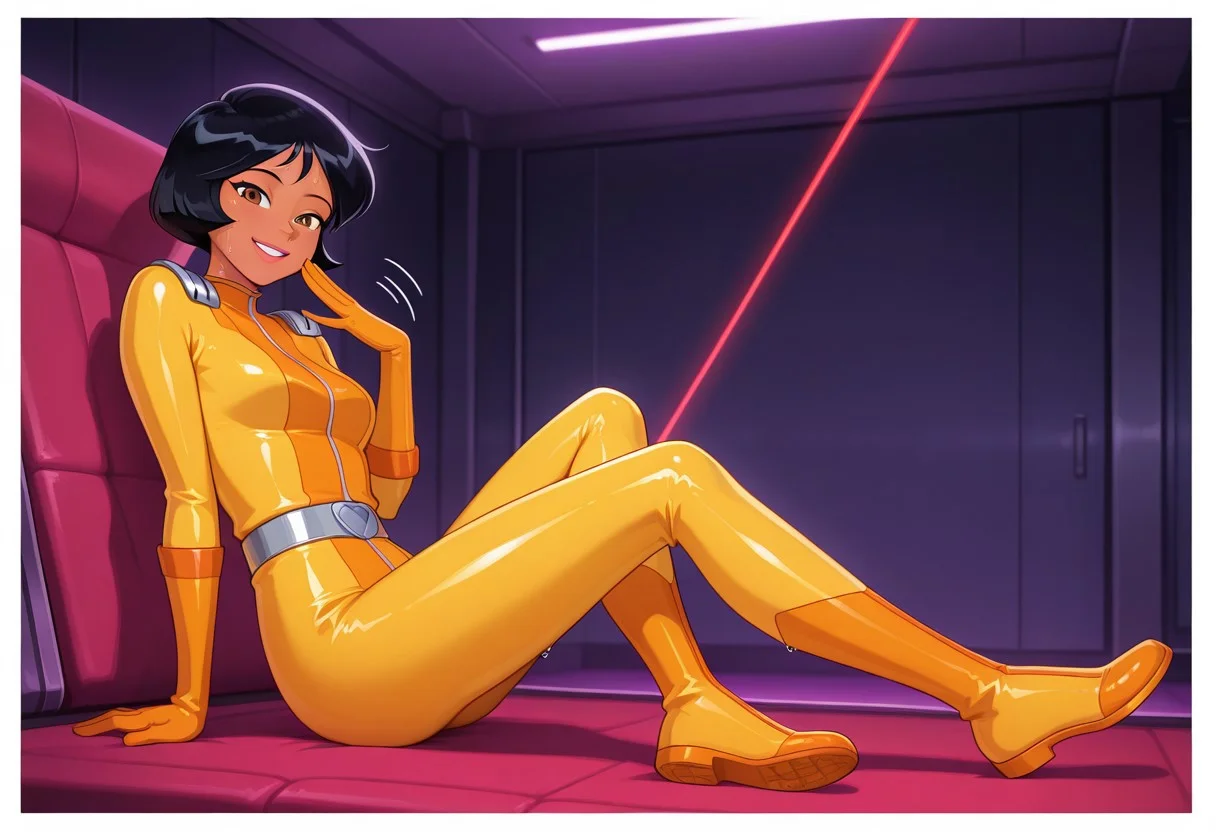 Score 9, Score 8, Score 7, Masterpiece, High Quality, Good Quality, Latest Model, High Resolution, Absurd, ((White Border)), Cinematic Lighting, High Contrast (Edge Light: 0.6), Dynamic Vision, <lora:illustriousXL_stabilizer_v1.23:0.3> <lora:NOOB_vp1_detailer_by_volnovik_v1:0.3> <lora:ponyv6_noobE11_2_adamW-000017:0.45> <lora:checkpoint-e18_s306:1.5> <lora:haiz_ai_illu:0.7>, Vibrant Colors, Bright Color, Dynamic Colors, Colorful Image, High Contrast, Saturated Colors, Thick Line, Bright Colors, Good Lighting, Color Saturation, Masterpiece, Best Quality, source_hentai,
Medium close-up,solo,1girl, (((full body))), detailed face, detailed body,
alex_totally_spies, short hair, black hair, brown eyes, dark-skinned female, yellow bodysuit,
In a laser room, red laser beams, sweating,
sitting, hot, fanning herself, resting, relaxing,looking at the viewer, smiling,