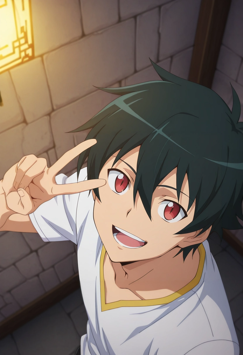 masterpiece, best quality, , anime screencap, anime coloring, official style, looking at viewer, 1boy, solo, male focus, <lora:sadao_maou_ilxl:0.98>, sadao_maou, black hair, red eyes, short hair, hair between eyes, from above, great wall of china, light, v, peace sign, laughing,