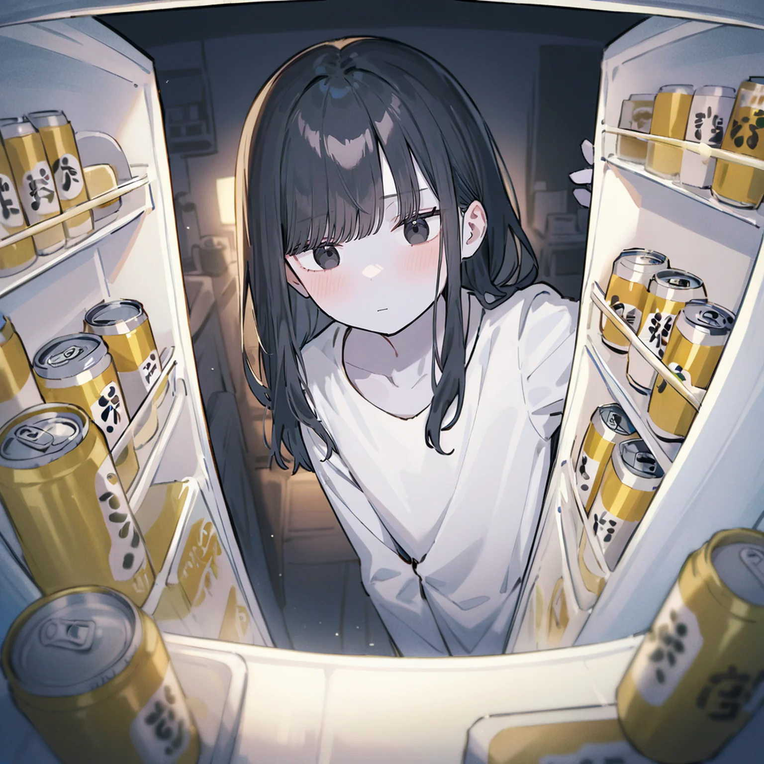 masterpiece, best quality, very aesthetic, absurdres,
[realistic::0.7], perspective, fisheye angle
(View from inside the refrigerator:1.2),
1girl, solo,(yamamura sadako:1.3),(jitome:1.1),expressionless, black hair,long hair,straight hair,hair over one eye,sidelocks, long bangs,black eyes, skinny, (large breasts:-1),white spooky dress, simple dress, long sleeves, (gray skin:1.2), room, (colorful beer can:1.3) and milk in refrigerator,crawling,(dark room background,night:1.2),(bare shoulders:-1), looking down, 
<lora:View_from_inside_the_freezer:0.8>,