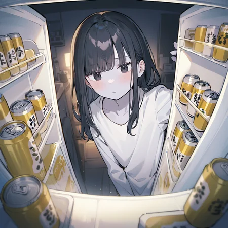 masterpiece, best quality, very aesthetic, absurdres,
[realistic::0.7], perspective, fisheye angle
(View from inside the refrigerator:1.2),
1girl, solo,(yamamura sadako:1.3),(jitome:1.1),expressionless, black hair,long hair,straight hair,hair over one eye,sidelocks, long bangs,black eyes, skinny, (large breasts:-1),white spooky dress, simple dress, long sleeves, (gray skin:1.2), room, (colorful beer can:1.3) and milk in refrigerator,crawling,(dark room background,night:1.2),(bare shoulders:-1), looking down, 
<lora:View_from_inside_the_freezer:0.8>,