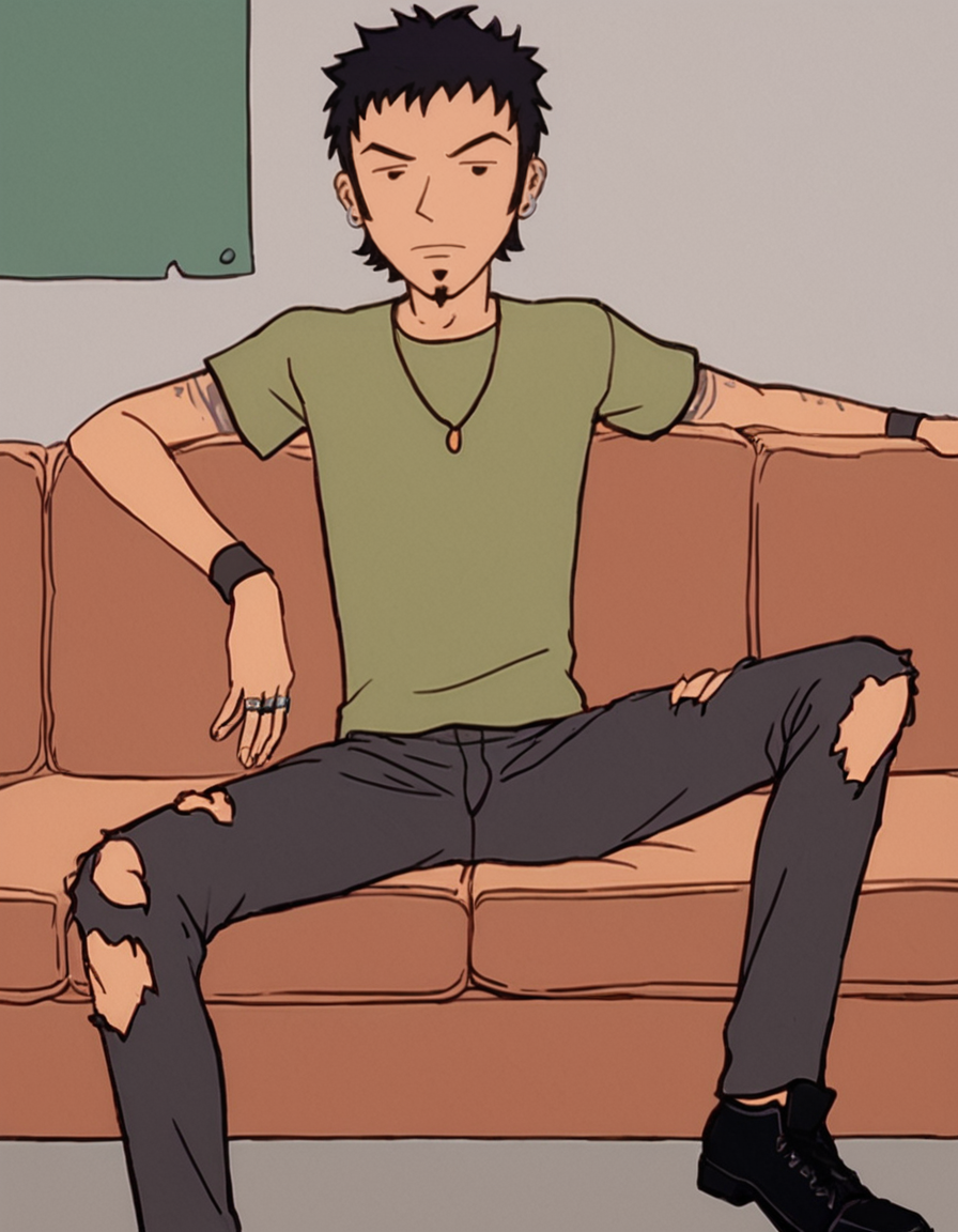 score_9, score_8_up, score_7_up, highly detailed, solo
BREAK  <lora:Trent_Lane_Daria_-_Pony:0.8>, trentlane, male, black hair, black eyes, facial hair, multiple earrings, green shirt, necklace, wristband, multiple rings, black pants, torn pants, black shoes, upper body, indoors, on couch
