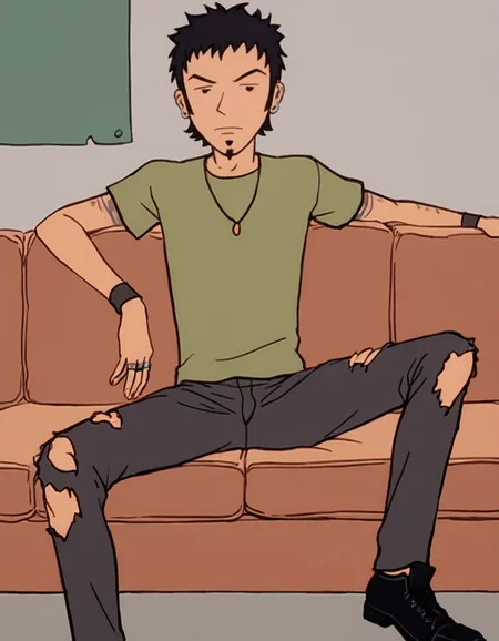 score_9, score_8_up, score_7_up, highly detailed, solo
BREAK <lora:Trent_Lane_Daria_-_Pony:0.8>, trentlane, male, black hair, black eyes, facial hair, multiple earrings, green shirt, necklace, wristband, multiple rings, black pants, torn pants, black shoes, upper body, indoors, on couch
