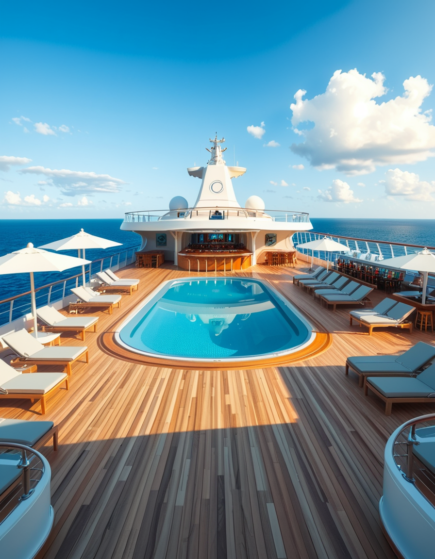 A wide, high-resolution view of the upper deck of a modern luxury cruise ship, completely empty of people. The deck features a clean, polished teak wood floor and sleek white railings along the edges. Several neatly arranged lounge chairs line both sides, with large white parasols providing shade. In the center of the deck, a crystal-clear swimming pool reflects the blue sky, with no one in or around it. To one side, a stylish bar area with a curved canopy stands closed, with colorful bottles and barstools neatly arranged. The background reveals the endless ocean meeting the horizon, under a bright, cloud-speckled blue sky. The lighting is natural daylight, casting soft shadows and highlighting the modern, serene, and luxurious ambiance of the cruise ship deck. No signs of human presence â everything is pristine, calm, and ready for guests.
<lora:SDXLFaeTastic2400:0.4> <lora:extremely_detailed:0.4> extremely detailed,<lora:luxury_cru1s3_sh1p:1>,luxury cru1s3 sh1p, Masterpiece,best quality,hi res,8k,hi res,8k,award winning,(sharp focus, intricate, highly detailed),
