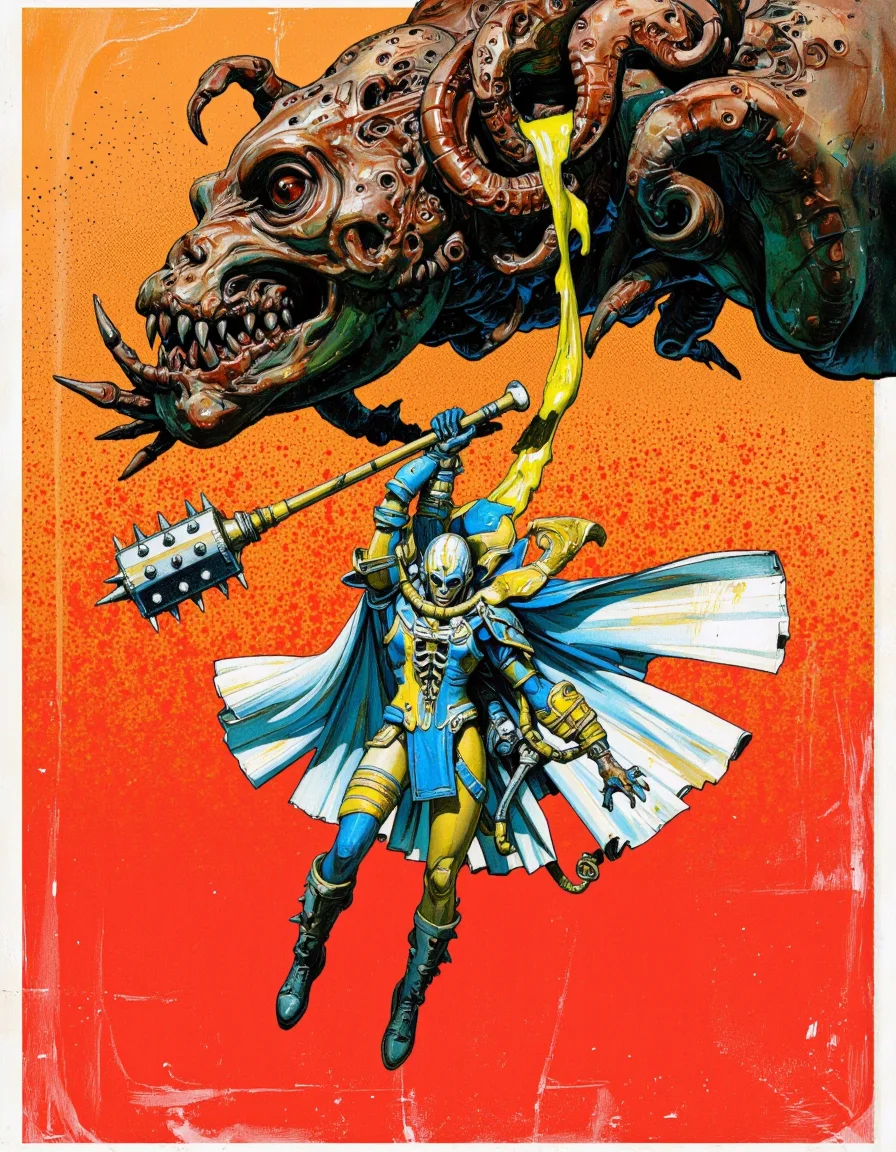 By Passcal Blanché. A digital artwork rendered in a vivid comic book style. The central character is a futuristic warrior in armor with a blue and yellow color scheme. The character wears a bulky helmet with a visor and a long, flowing cape. The helmet has a menacing skeletal face, and the warrior's outfit includes a metal breastplate, arm guards, and high boots. He holds a large spiked mace with a golden handle in his left hand, and with his right hand, he appears to lift a massive mace while appearing to float in mid-air.
The background is a bright, striking red-orange with a halftone dot pattern, adding a grainy texture. Above the warrior, a massive, organic, tentacled creature looms, its many twisted limbs and tentacles dripping with a viscous yellow liquid. The creature's body is a dark brown-green color, contrasting sharply with the light background.
The artwork gives off a dynamic and action-packed feel, with the warrior's pose and the creature's menacing presence creating a sense of tension and urgency. The overall style is highly detailed and exaggerated, emphasizing the fantastical and supernatural elements of the scene. The image evokes a sense of adventure and danger in a futuristic, alien environment. <lora:Pascal_Blanché:0.8>