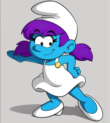 score_9,score_8_up, score_7_up,
1girl, solo, Moxette, blue skin, purple hair, white dress, white hat, white shoes, white background, cartoon, source_cartoon,
<lora:Smurf_Character_Pack:1>