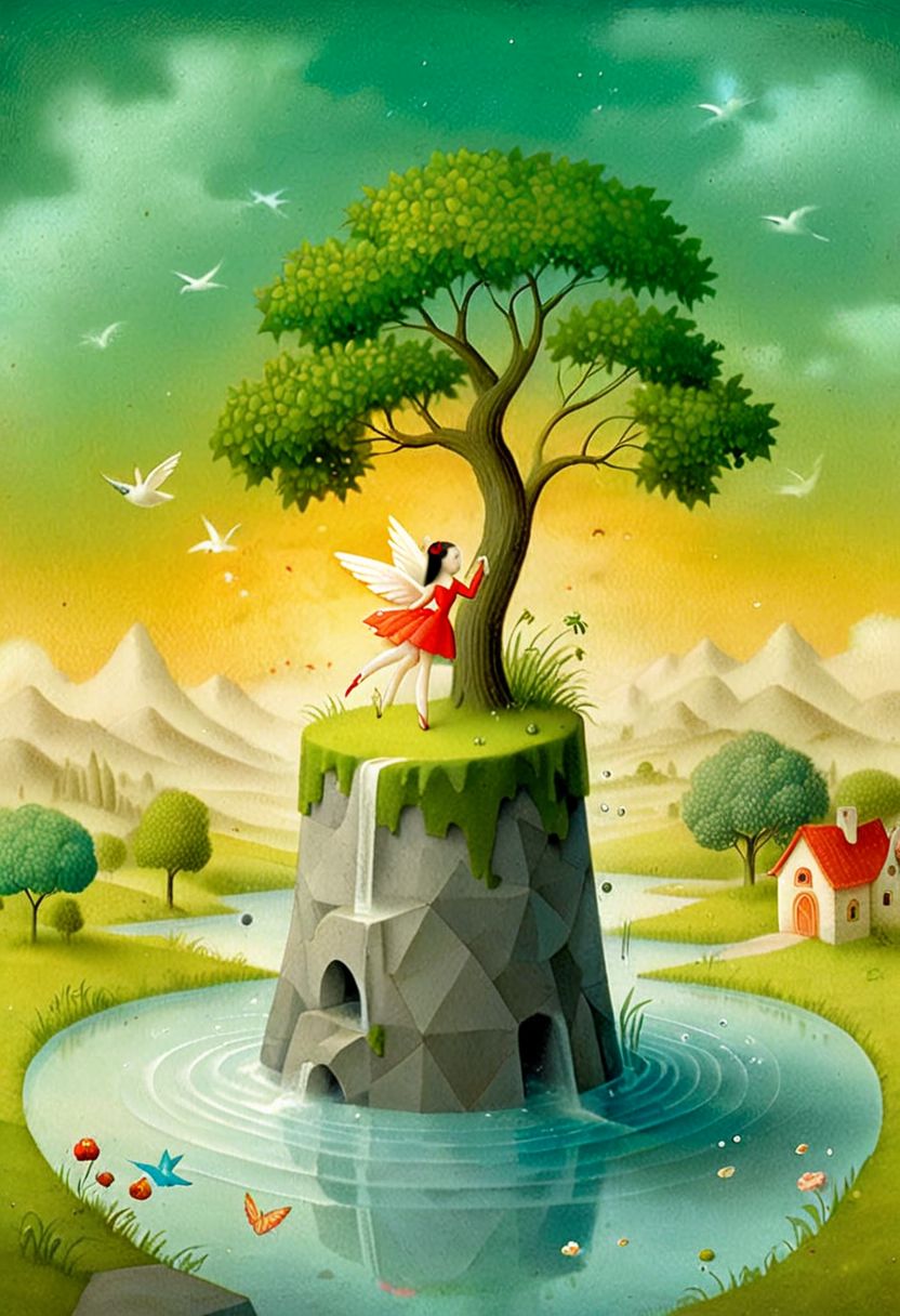 Kim Soo-ja, art on a cracked paper, 
Double exposure detailed, mail art, Golden ratio, Art Deco, by Nicoletta Ceccoli, 
Andy Kehoe, by Paul Czanne, Kandinsky, Juan Gris patchwork, Sunset bathes cascade in warm light, clouds above idyllic village blending in soft pastel hues, gentle stream winds into serene pond, birds in flight form dark silhouettes against vibrant sky, foliage in vivid greens embraces scene, water's surface mirrors ambience, digital painting employing golden ratio, dramatic lighting, ultra-realistic, highly detailed, unusual beautiful details, sunset, intricated lighting, luminism, light on the faces, sharp glowing eyes, intricated pose, dynamic poster, intricated,  tiny details masterpiece, high quality, Nicoletta Ceccoli, Surrealist Fairy Tale Illustration