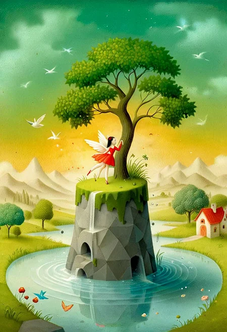 Kim Soo-ja, art on a cracked paper,
Double exposure detailed, mail art, Golden ratio, Art Deco, by Nicoletta Ceccoli,
Andy Kehoe, by Paul Czanne, Kandinsky, Juan Gris patchwork, Sunset bathes cascade in warm light, clouds above idyllic village blending in soft pastel hues, gentle stream winds into serene pond, birds in flight form dark silhouettes against vibrant sky, foliage in vivid greens embraces scene, water's surface mirrors ambience, digital painting employing golden ratio, dramatic lighting, ultra-realistic, highly detailed, unusual beautiful details, sunset, intricated lighting, luminism, light on the faces, sharp glowing eyes, intricated pose, dynamic poster, intricated, tiny details masterpiece, high quality, Nicoletta Ceccoli, Surrealist Fairy Tale Illustration