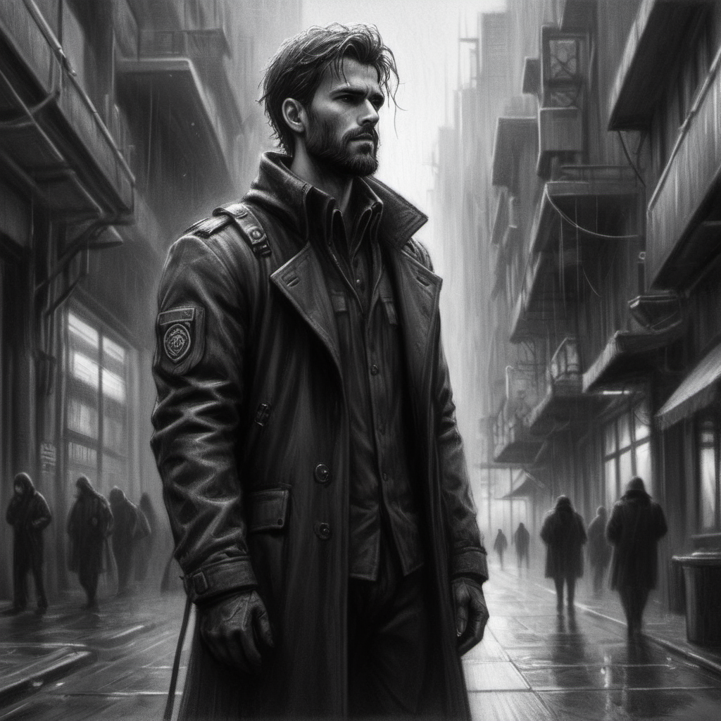 ((black and white charcoal drawing)), A man full body with a beard, short wispy hair with  cyberpunk enhancements. Outside of a cyberpunk police station, raining, baggy cloths, gentle, wet, High details, 8k , detailed face, perfect face, perfectly rendered face, detailed mouth, five fingers, proper hands, black and white, breathtaking charcoal illustration, highly detailed, 4k, (textured paper), charcoal texture<lora:Charcoal3.0:1>