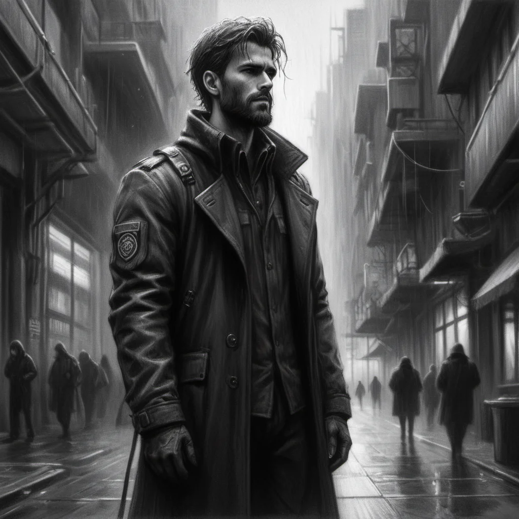 ((black and white charcoal drawing)), A man full body with a beard, short wispy hair with cyberpunk enhancements. Outside of a cyberpunk police station, raining, baggy cloths, gentle, wet, High details, 8k , detailed face, perfect face, perfectly rendered face, detailed mouth, five fingers, proper hands, black and white, breathtaking charcoal illustration, highly detailed, 4k, (textured paper), charcoal texture<lora:Charcoal3.0:1>