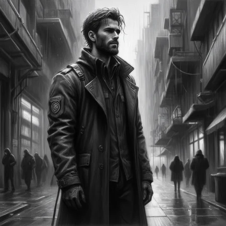 ((black and white charcoal drawing)), A man full body with a beard, short wispy hair with cyberpunk enhancements. Outside of a cyberpunk police station, raining, baggy cloths, gentle, wet, High details, 8k , detailed face, perfect face, perfectly rendered face, detailed mouth, five fingers, proper hands, black and white, breathtaking charcoal illustration, highly detailed, 4k, (textured paper), charcoal texture<lora:Charcoal3.0:1>