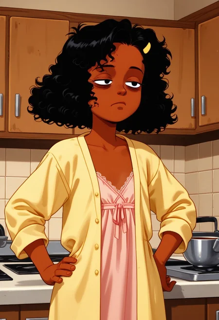 score_9, score_8_up, score_7_up, retro artstyle
1girl, solo, Ashley B RC, black hair,curly hair, ashley b rc, yellow hair ornament, , dark skin, flat chest,bottomless,
indoors, kitchen, wear only nightgown,, loose clothes, open clothes, holding a cup of coffee, one hand on hip,eyes half closed, sleepy eyes, bags under eyes, perfect hands,