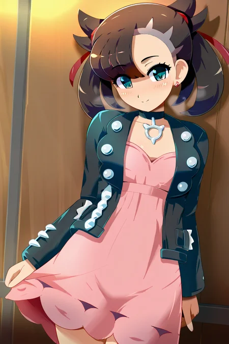 masterpiece, best quality, BREAK, zzMarnie, aqua eyes, black choker, red ribbon, pink dress, jewelry, black jacket, open clothes, long sleeves, <lora:MarniePokemonIllustrious:1.0>, smile, looking at viewer, cowboy shot, <lora:KonpetoIXL:1.0>, Konpeto,