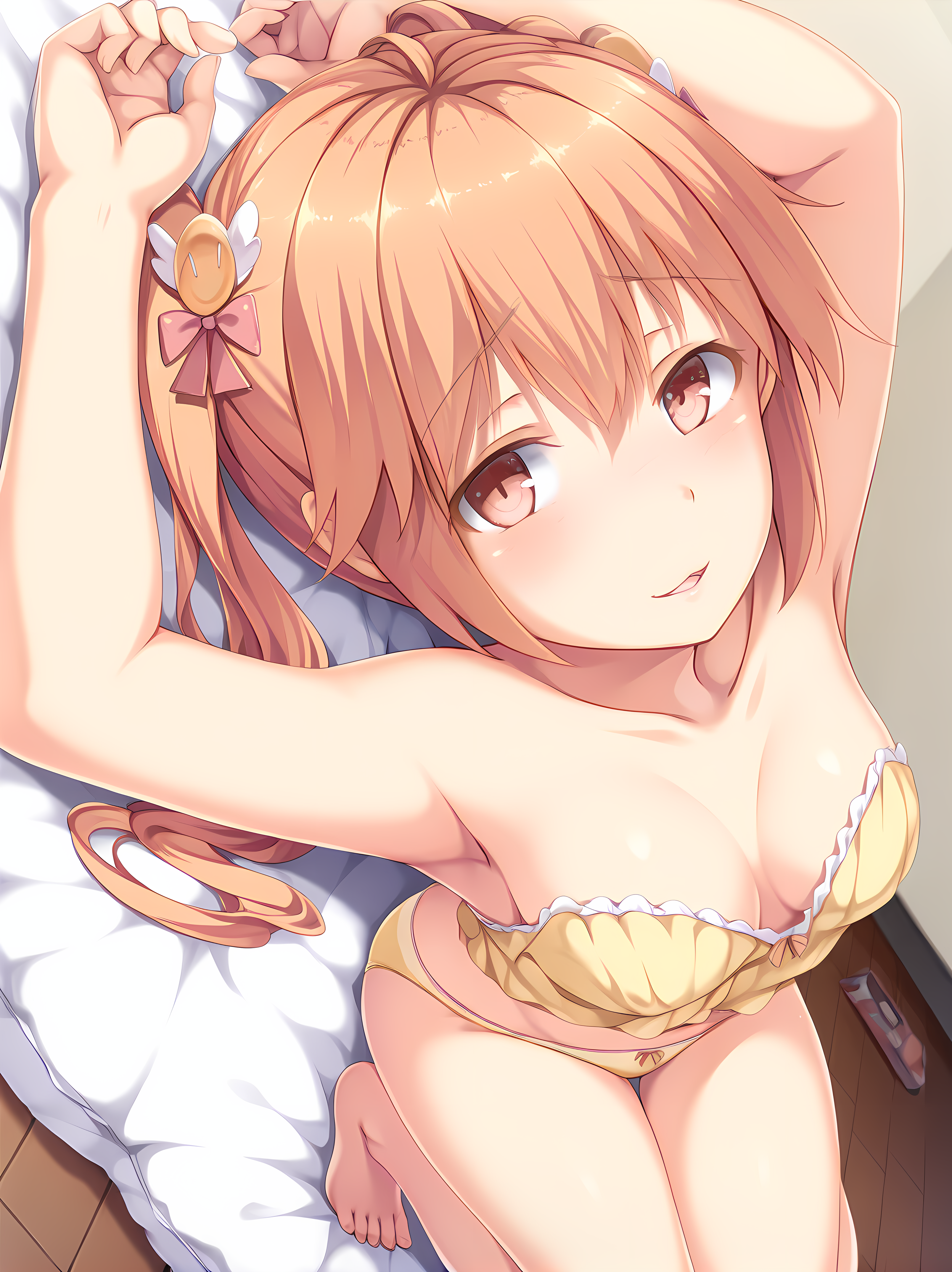 <lora:Kirishima_Reon_-_Yamizome_Revenger_-_Escude:1>,1girl,escude,reon,medium breasts,indoors,futon,simple background,dutch angle,parted lips,kneeling,yellow underwear,lying, smile, looking at viewer, arms up, barefoot,, masterpiece,best quality,amazing quality,