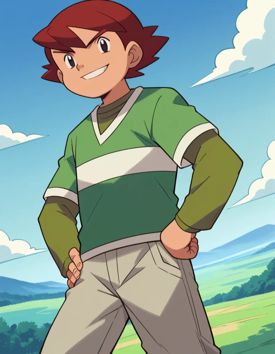 score_9, score_8_up, score_7_up, source_anime,
<lora:pokemon-kenny-anime-ponyxl-lora-nochekaiser:1>, kenny, short hair, bangs, red hair, male focus, black eyes, 
shirt, long sleeves, short sleeves, pants, green shirt, grey pants,
landscape, hands on hips, smile,
looking at viewer, cowboy shot, dutch angle, solo,