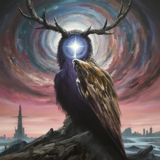 ethereal eyes that emit a piercing light, complete with antlers that stretch upward. The creature's body is a dark, supernatural appearance.  In the distance, primarily blue, This image is a painting rendered in a surreal, a tall, purple, with intricate feather details in warm earthy tones of brown and beige.  The owl's body seems to be emerging from a swirling vortex of colors, textured style with a weathered, and pinks, post-apocalyptic landscape. The scene is dominated by a dramatic, ethereal environment with a horizon that blends into the sky