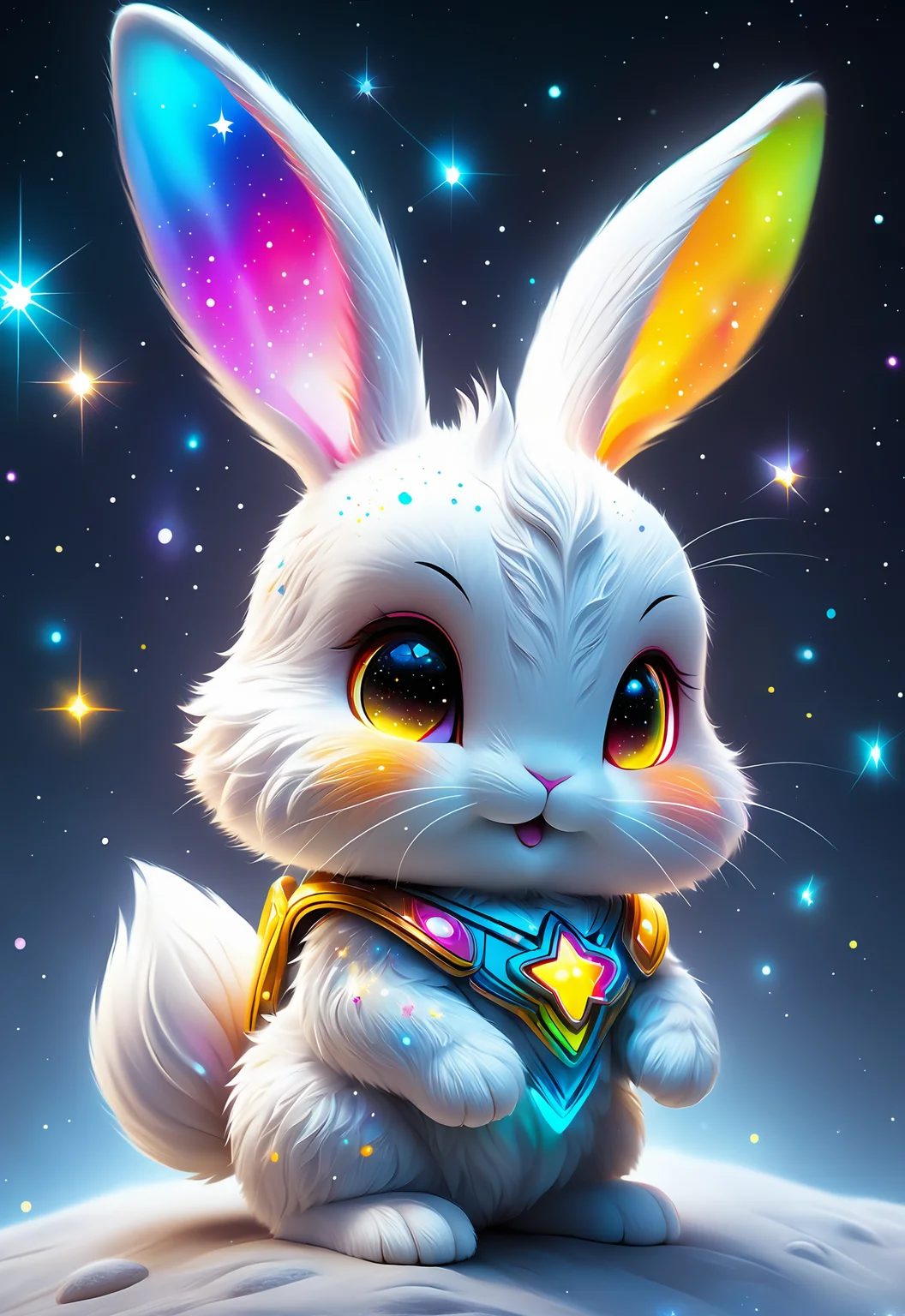 Cute galaxy cute rabbit, shining and glowing eyes, white background, detailed, 8k, full body, starry markings, digital painting, pop art, star background, star patterns, fluorescent colors, daily deviation quality, adobtable on deviantart