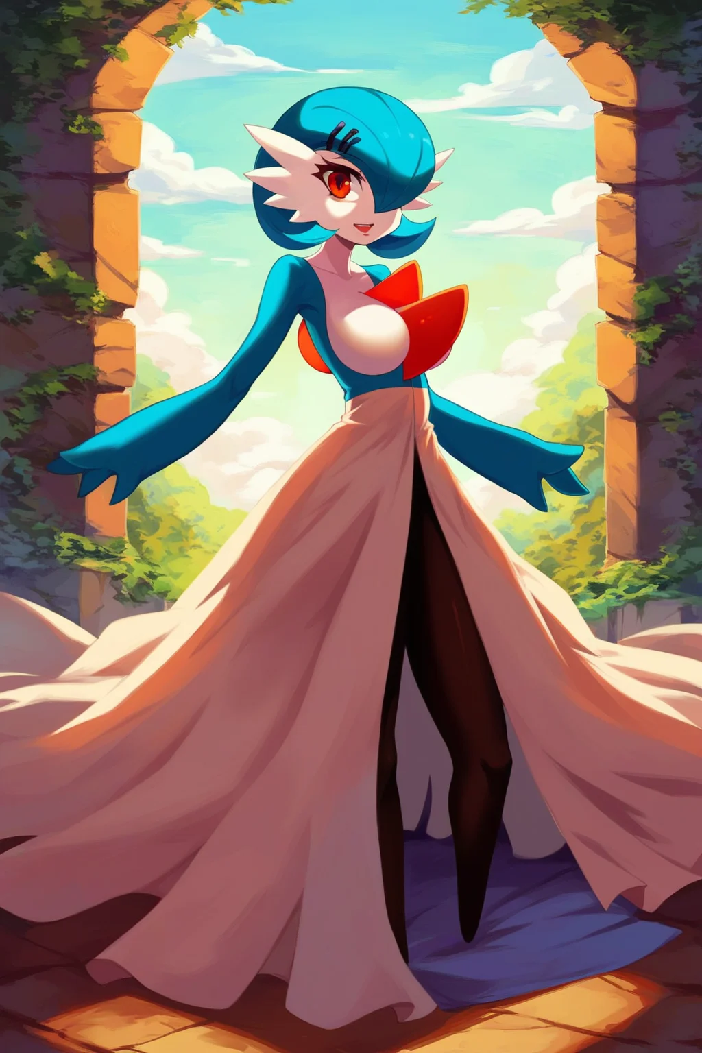 score_9, score_8_up, score_7_up, score_6_up, score_5_up, score_4_up, masterpiece, high quality, BREAK, full body, BREAK, 1girl,   <lora:Gardevoir[Pony]:0.8> Gardevoir, large breasts, 
blue hair,