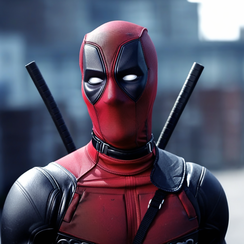 1boy, Deadpool, bodysuit, mask, close up portrait, street background,