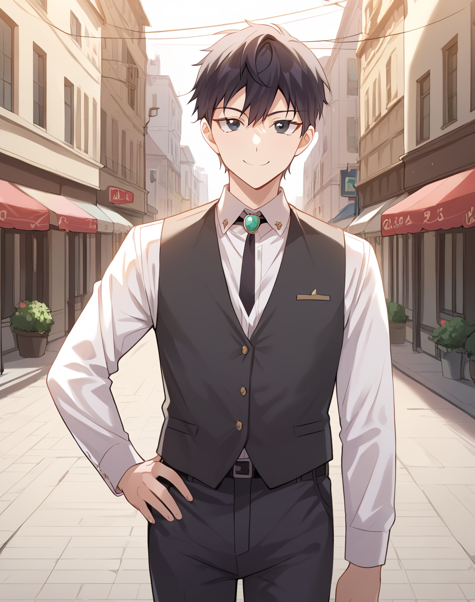 valier_junior_human, black hair, short hair, black eyes, shirt, vest, long sleeves, brooch,  collared shirt,white shirt, black pants, civilian clothes, jewelry, neck ribbon BREAK outdoors, city BREAK hand on hip, smile, cowboy shot, BREAK score_9, score_8_up, score_7_up, source_anime ,zPDXL,<lora:Reinhardt__Valier:0.8>
