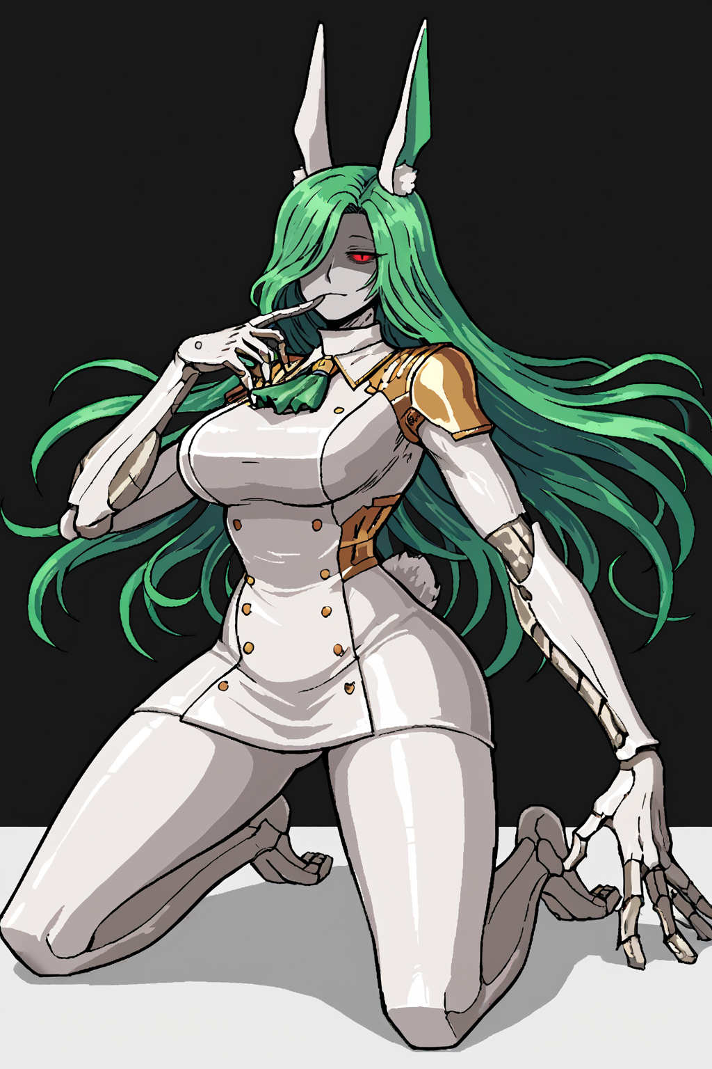 score_9, score_8_up, score_7_up, score_6_up, score_5_up, score_4_up, BREAK, source_anime, solo, 1girl, rating_safe, ((mature female)), ((long green flowing hair)), mechanical parts, ((plastic, polymer, metal body)), (big mechanical rabbit ears), mature female, (bunny ears), (animal ears), subdermal port, ((milf, mature female, big breasts)), hexagon lines in skin, naval uniform overcoat, naval uniform, white military uniform, dress_uniform, ribbons, ((red eyes)), bunny tail, rabbit tail, aiguillette, ((green hair)), ascot, ((Fish-Eye Lens shot, Kneeling and mimicking blowing kisses )), pilot suit, shoulder cutout, bunny rabbit Tail, ((hair over one eye, )), digitigrade, clawed feet, minimal clothes, ((metal skin, shiny skin, vampire aesthetic, digital eyes, filled eyes, monochromatic eyes, glowing eyes, colored sclera, red sclera, mechanical eyes, partially shaded face, slit pupils, angular, minimal face, minimalism, narrow eyes, large eyes)), (anubis \(mythology\), anubis \(mythology\), ), <lora:Pony_DetailV2.0:1.5>, <lora:age_slider_v4:4>, ((dark, shaded, black background, horror, GREEN HAIR,)) <lora:ECHANIS:0.7>,  <lora:Valmardraws:1> by valmardraws, pixel art