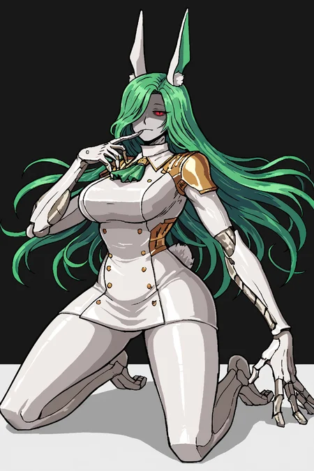 score_9, score_8_up, score_7_up, score_6_up, score_5_up, score_4_up, BREAK, source_anime, solo, 1girl, rating_safe, ((mature female)), ((long green flowing hair)), mechanical parts, ((plastic, polymer, metal body)), (big mechanical rabbit ears), mature female, (bunny ears), (animal ears), subdermal port, ((milf, mature female, big breasts)), hexagon lines in skin, naval uniform overcoat, naval uniform, white military uniform, dress_uniform, ribbons, ((red eyes)), bunny tail, rabbit tail, aiguillette, ((green hair)), ascot, ((Fish-Eye Lens shot, Kneeling and mimicking blowing kisses )), pilot suit, shoulder cutout, bunny rabbit Tail, ((hair over one eye, )), digitigrade, clawed feet, minimal clothes, ((metal skin, shiny skin, vampire aesthetic, digital eyes, filled eyes, monochromatic eyes, glowing eyes, colored sclera, red sclera, mechanical eyes, partially shaded face, slit pupils, angular, minimal face, minimalism, narrow eyes, large eyes)), (anubis \(mythology\), anubis \(mythology\), ), <lora:Pony_DetailV2.0:1.5>, <lora:age_slider_v4:4>, ((dark, shaded, black background, horror, GREEN HAIR,)) <lora:ECHANIS:0.7>,  <lora:Valmardraws:1> by valmardraws, pixel art