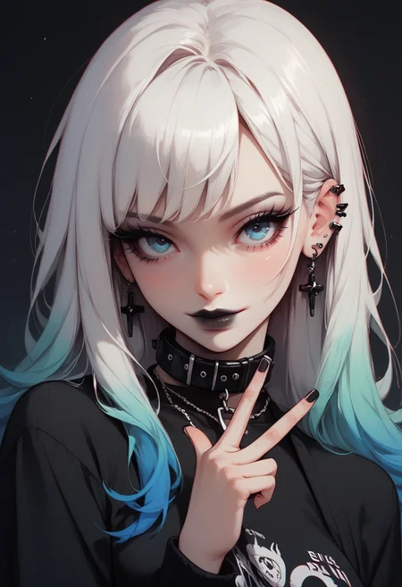 score_9, score_8_up, score_7_up,Goth girl, goth girl 1girl, 1girl,solo,long hair,breasts,looking at viewer,bangs,medium breasts, soft smile, shirt,white hair,blue eyes,upper body,multicolored hair,collar,black shirt,eyelashes,gradient hair,makeup,piercing,black background,gothic,long eyelashes,black lips,full body, V, hand gesture, <lora:Goth_girl_XL-v2:0.8>, <lora:[GP] somethingweird [Pony XL]:0.2>, <lora:g0th1cPXL:0.3>, <lora:Concept Art Twilight Style SDXL_LoRA_Pony Diffusion V6 XL:0.8>,