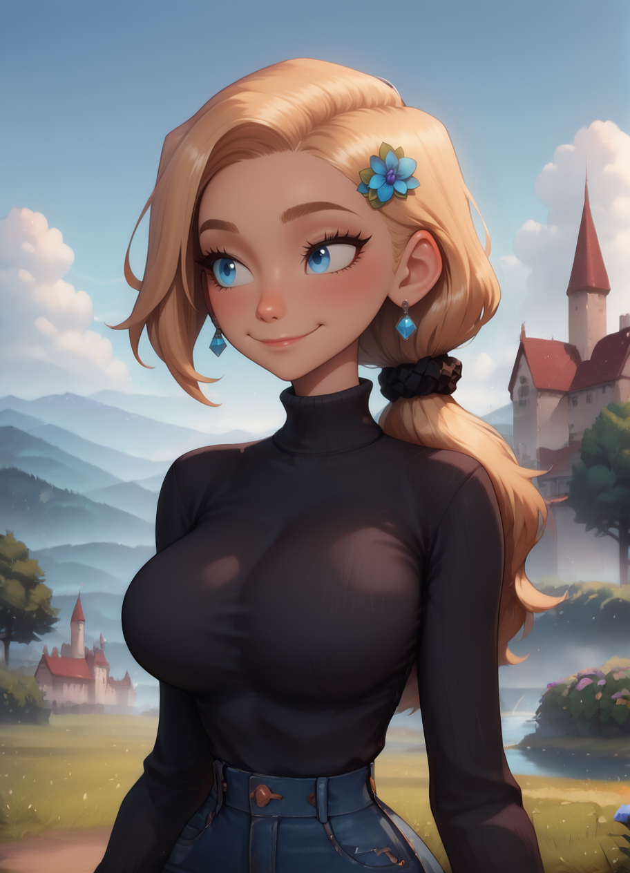 girl, solo, long hair, breasts, blush, smile, blue eyes, shirt, large breasts, skirt, blonde hair, long sleeves, hair ornament, closed mouth, jewelry, upper body, ponytail, flower, outdoors, earrings, sky, pants, day, cloud, hair flower, sweater, blue sky, black shirt, tree, looking to the side, taut clothes, bush, black sweater, tight clothes, taut shirt, river, castle, lake, blue scrunchie, black scrunchie, path, town, tight shirt, , (masterpiece),(best quality),(ultra-detailed), very aesthetic, artist:, prompt, masterpiece, best quality, good quality, newest, very awa, absurdres, highres,