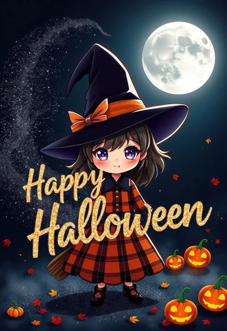 A cute, anime-style witch stands amidst a swirling cloud of sparkling, black magic dust, her eyes shining with a mischievous, playful glint. The dust, which seems to be alive and dancing in the air, coalesces into a sparkling, cursive script that reads "Happy Halloween" in bold, shimmering letters. The witch's black, pointed hat is adorned with a delicate, sparkling broom, while her dress is a vibrant, orange and black plaid. A full moon rises high in the night sky, casting a silver glow over the scene, as a sprinkling of colorful, autumn leaves and a few strategically placed, glowing jack-o'-lanterns complete the enchanting, Halloween tableau. The atmosphere is playful and lighthearted, with a hint of spooky, magical fun. highest-Quality, intricate details, visually stunning, Masterpiece