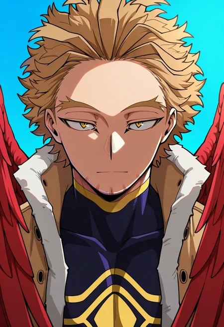masterpiece, best quality, , , , 1boy, solo, male focus, <lora:keigo_takami_ilxl:0.94>, keigo_takami, hawks \(boku no hero academia\), blonde hair, yellow eyes, short hair, facial hair, stubble, wings, feathered wings, red wings, ,