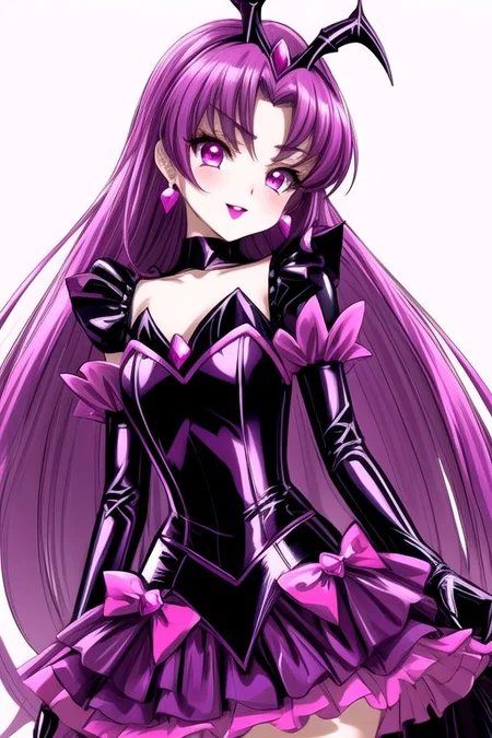 evil corrupted young princess wearing dark pastel (ruffled:1) (gleaming latex:1) EvlSM DarkPrecure Bad_End_Precure gown with (long latex cape:1) and latex elbow bridal gauntlets, (Perfect Face:1), soft lighting, glossy red lips, ruffles,
