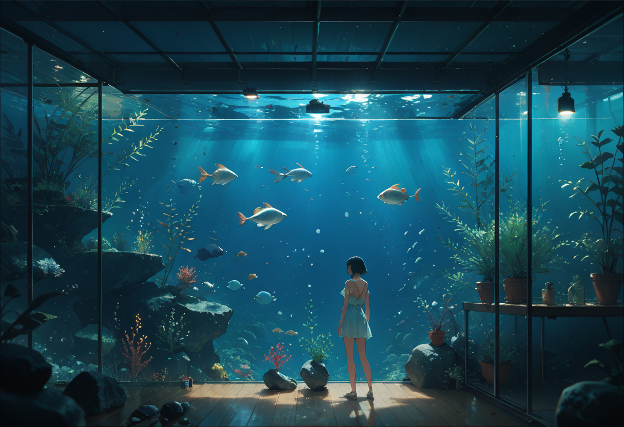 score_9, score_8_up, score_7_up, source_anime, 2girls, aquarium, a lots of fish, seaweed, rock, <lora:lonely_universe_ALPHA:0.5> lonely_universe, blue theme, standing, looking at back, digital indicator, <lora:add-detail-xl:3>