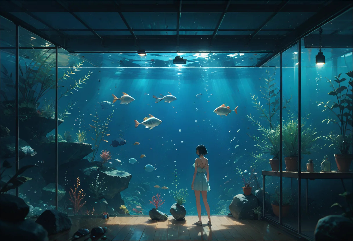 score_9, score_8_up, score_7_up, source_anime, 2girls, aquarium, a lots of fish, seaweed, rock, <lora:lonely_universe_ALPHA:0.5> lonely_universe, blue theme, standing, looking at back, digital indicator, <lora:add-detail-xl:3>