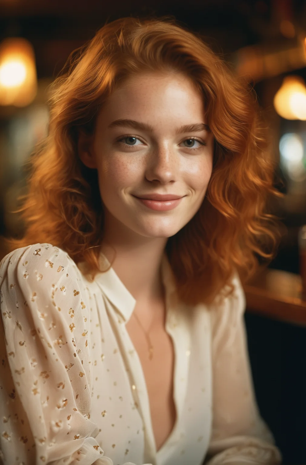 a close up photo of a 20 year old french woman in a blouse at a bar, seductive smile, ginger hair, cinematic light, film still,