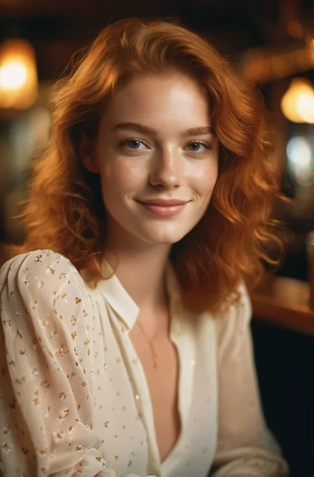 a close up photo of a 20 year old french woman in a blouse at a bar, seductive smile, ginger hair, cinematic light, film still,