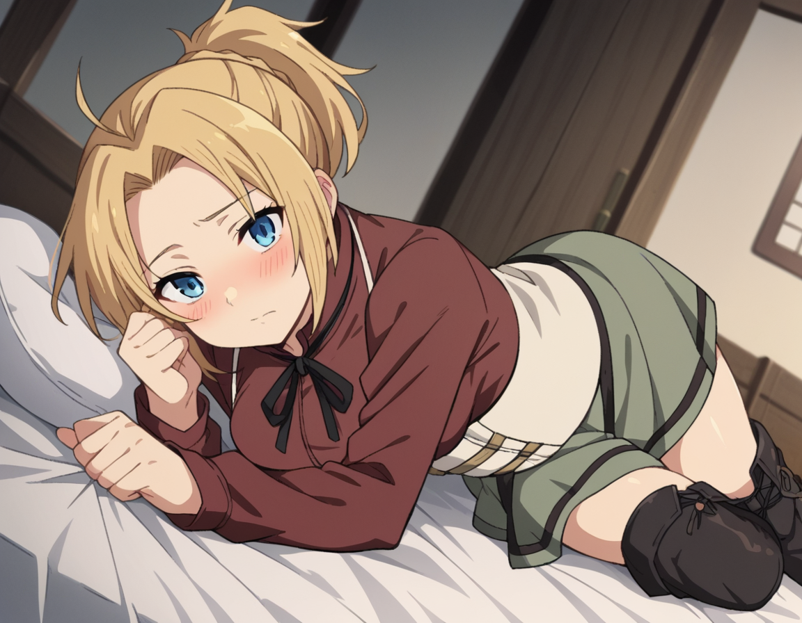 score_9, score_8_up, score_7_up, source_anime,
zenithgreyrat, <lora:zenith-greyrat-s1-ponyxl-lora-nochekaiser:1>,
zenith greyrat, short hair, blonde hair, blue eyes, ponytail, ahoge,
skirt, shirt, thighhighs, long sleeves, ribbon, boots, black thighhighs, thigh boots, brown shirt,
indoors, bed, bed room, on side, blush, drunk,
looking at viewer, dutch angle, cowboy shot,