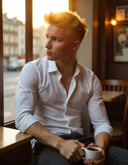 Runway model TimLaurez sits in a Paris café wearing a white shirt with the top button open and dress pants that complement his complexion. He holds a warm, comforting cup of coffee as he gazes out over the city. The setting sun streams through the window, creating a striking play of light and shadow.
<lora:TimLaurez:1> <lora:aidmaRealisticSkin:0.4>