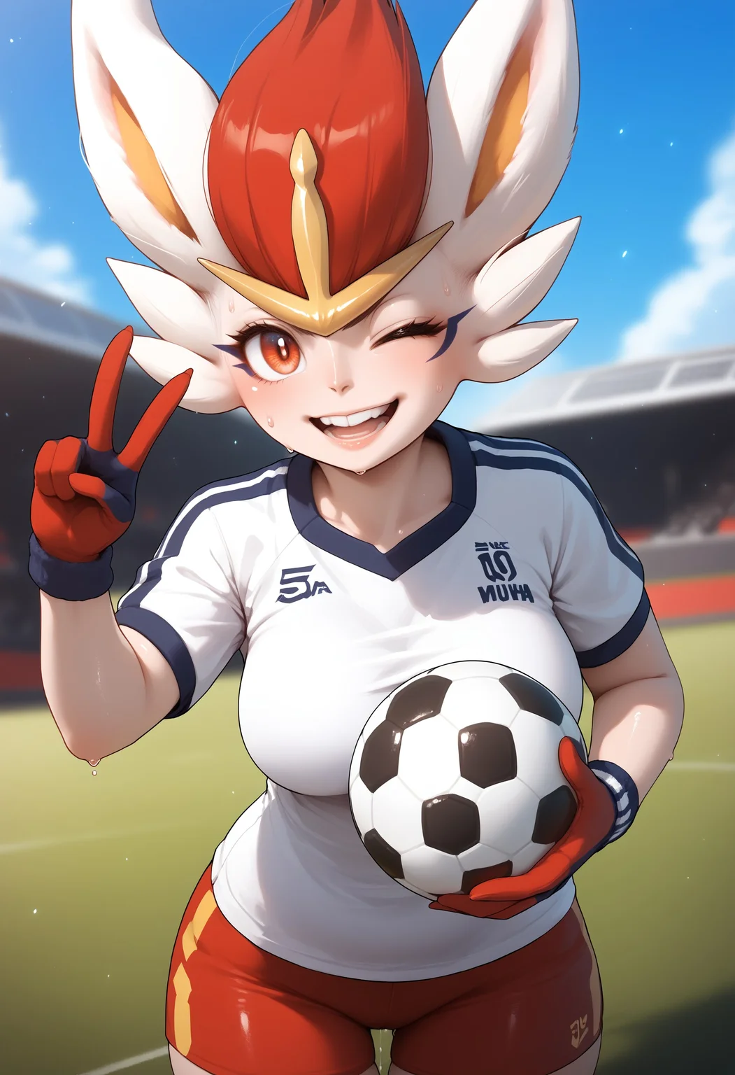 score_9, score_8_up, score_7_up, score_6_up, source_anime, source_furry, soccer field, godrays, ((particles)), blurry, dutch angle,
BREAK
(1girl), mature female, cinderace, (sweat, shiny skin, dripping sweat, sweatdrop), looking at viewer, smug, smug smile, open mouth, wink, (v sign, holding soccer ball), teeth, soccer uniform, shorts, gloves, (curvy, large breasts), thigh gap,
<lora:5b7dead8-0d27-4213-a698-0348d326732e:5.0> , , <lora:49012aa3-0b5e-40ae-97b8-b9a76a2f1e7b:1.0>, <lora:0822f1bc-be9c-42f2-a563-5e7c17e10639:0.6>, <lora:4b571537-d57c-4d84-9d24-d39fcf54c682:0.5>