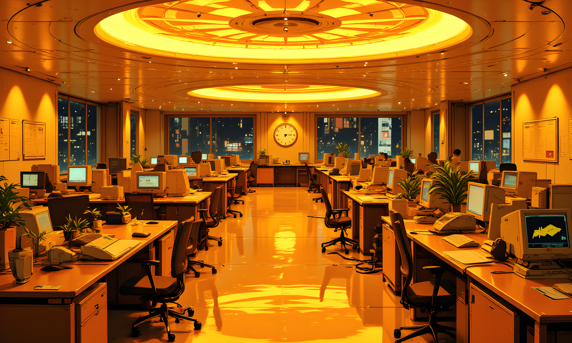 The scene unfolds in a vast, sprawling office space bathed in a warm, golden glow that suffuses every corner of the room. The ceiling is an intricate tapestry of circular patterns, each section layered upon the next like overlapping ripples on water. These patterns are illuminated by soft, recessed lighting that casts a gentle radiance across the entire area, creating an atmosphere of calm and order.
Rows upon rows of desks stretch into the distance, their surfaces neatly arranged with vintage-style computers and peripherals. Each workstation is equipped with a monitor, keyboard, and other essential tools, all unified by a retro aesthetic that hints at a time when technology was both functional and stylish. The monitors display a consistent logoâa stylized symbol featuring a yellow arrow or chevronâsuggesting a sense of uniformity and purpose throughout the workspace.
The chairs at each desk are simple yet ergonomic, designed for long hours of use. Some desks have small potted plants placed strategically, adding a touch of life to the otherwise mechanical environment. The floor is polished to a high shine, reflecting the ambient light and enhancing the overall brightness of the space.
In the background, large windows reveal a darkened exterior, indicating that it might be nighttime outside. This contrast between the bright interior and the dark world beyond adds a layer of intrigue, as though this office is a sanctuary of productivity and focus, isolated from the chaos of the outside world.
A prominent clock hangs near the center of the room, its hands pointing to a specific time, suggesting a structured routine within this bustling environment. The walls are adorned with various notices and diagrams, further emphasizing the organized nature of the space. Despite the sheer scale of the office, there is a sense of harmony and efficiency, as if every element has been meticulously planned to maximize productivity and comfort.
The overall impression is one of quiet industriousness. While no individuals are visible in the immediate foreground, the layout and design suggest a hive of activity, where countless minds work together toward a common goal. The warm tones and meticulous arrangement create an inviting yet professional atmosphere, hinting at a place where innovation and tradition coexist seamlessly.
j_art, j_anime, UNI_SCI_FI_CORE, <lora:FLUX\UNI_FI_NoCAP:0.7>, <lora:FLUX\jul\J_Anime:0.7>, <lora:FLUX\RealAnime:0.7>