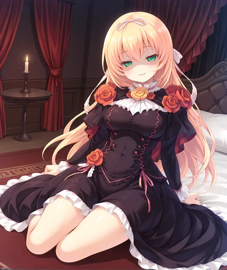 <lora:Alicia_Close_ã¢ãªã·ã¢ã¯ã­ã¼ãº_-_Escude_-_Relord:0.9>,solo,aliclose,blonde hair,long hair,green eyes,medium breasts,rose,hair ribbon,black dress,sitting,bedroom,on bed,indoors,rug,curtains,dark room,candlelight,dim lighting,seductive smile,half-closed eyes,shaded face,, masterpiece,best quality,amazing quality, very aesthetic, absurdres,detailed eyes,ultra-detailed,