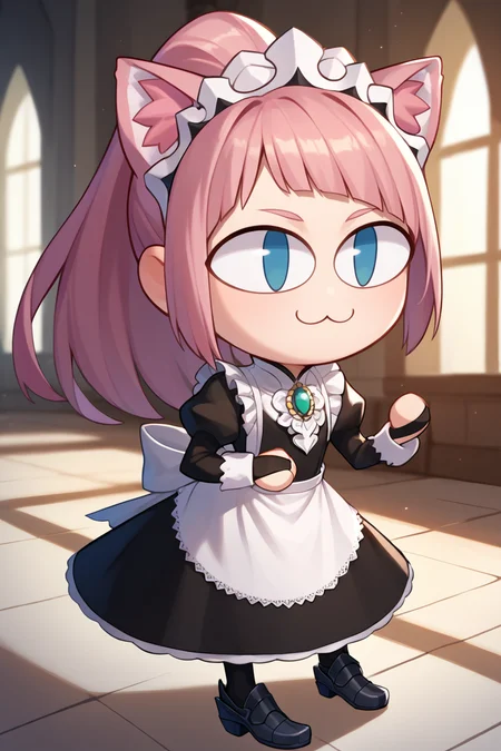 score_9, score_8_up, score_7_up, score_6_up, score_5_up, score_4_up, BREAK, 1girl, solo, <lora:necoarc-guy-PONY-v1:.95>, necoarc, lit pupils, cat ears, chibi, :3, <lora:felicia-fe-richy-v1_xl:0.9> feliciadef, pink hair, ponytail, blue eyes, maid headdress, brooch, maid apron, black thighhighs, bridal gauntlets, castle, indoors,