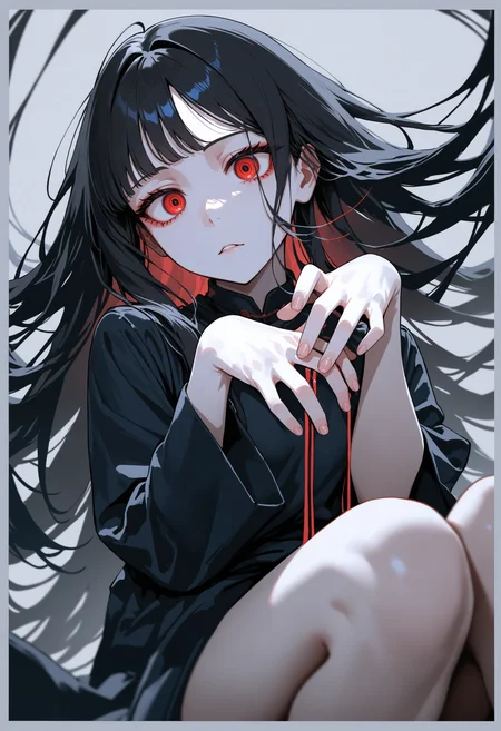 masterpiece, best quality, newest, absurdres, highres, very awa, limited palette, grey background, grey border, dynamic angle, close-up, 1girl, full body, (beautiful face:1.2), beautiful red eyes, big eyes, detailed eyes, detailed pupils, fingernails, good hands, BREAK emotionless:2.0, pale skin, dilated eyes, looking at viewer, circle, red eyes, black dress, dress, barefoot, looking at viewer, very long hair, limited palette, dynamic angle,,